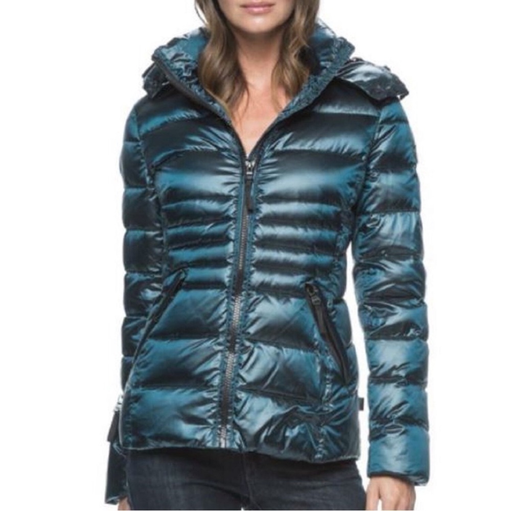 Andrew Marc Metallic Teal Green Goose Down Puffer Jacket Coat 650 Fill Power